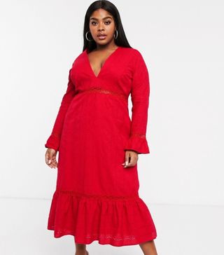 ASOS Curve + Plunge Broderie Maxi Dress With Pephem and Fluted Sleeves