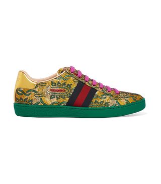 Gucci + Ace Metallic Leather-Trimmed Brocade Sneakers