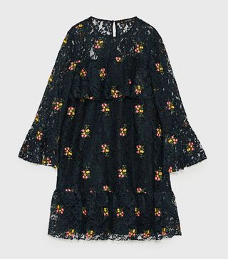 Zara + Lace Dress With Floral Embroidery