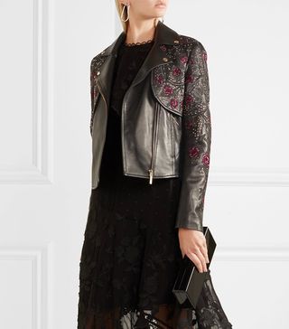 Elie Saab + Embroidered Leather Biker Jacket