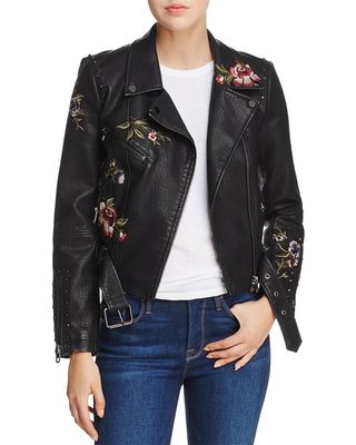 Aqua + Embroidered Faux Leather Moto Jacket