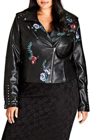 City Chic + Embroidered Rose Faux Leather Biker Jacket