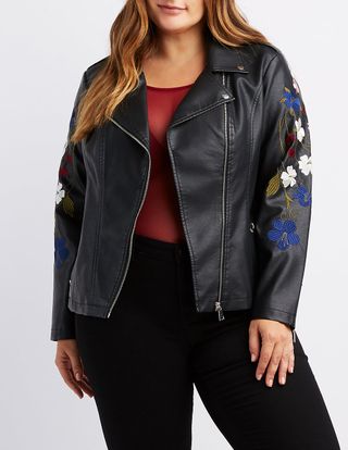Charlotte Russe + Embroidered Faux Leather Moto Jacket