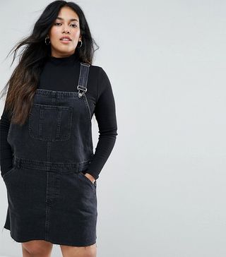 ASOS Curve + Denim Overall Dress in Washed Black