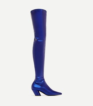 Zara + Electric Blue Pointed Over-the-Knee High Heel Boots