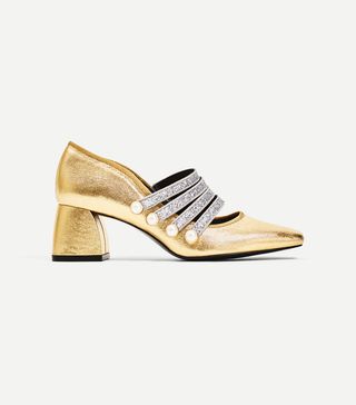 Zara + Gold High Heel Court Shoes With Ankle Strap