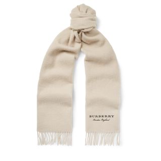 Burberry + Logo-Embroidered Fringed Cashmere Scarf