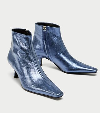 Zara + Blue High Heel Metallic Leather Ankle Boots