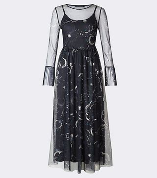 M&S + Printed Mesh Flared-Sleeve Midi Dress