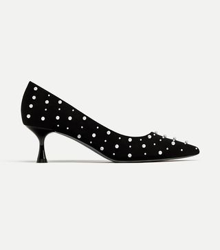 Zara + Medium Heel Court Shoes With Faux Pearls