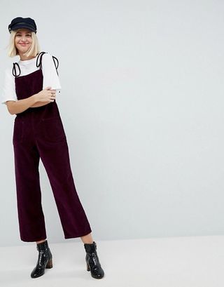ASOS + Cord Jumpsuit in Berry With Tie Strap