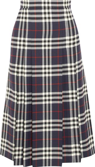 Burberry + Pleated Checked Wool Midi Skirt