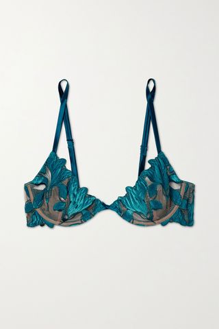 Fleur Du Mal + Lily Velvet and Satin-Trimmed Embroidered Stretch-Tulle Underwired Bra