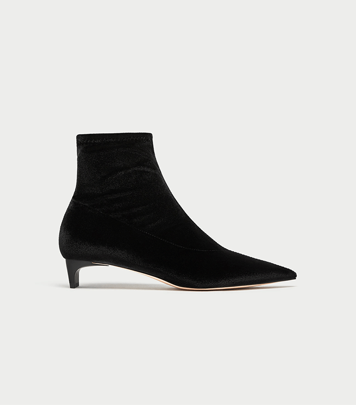 Zara + High Heel Velvet Ankle Boots