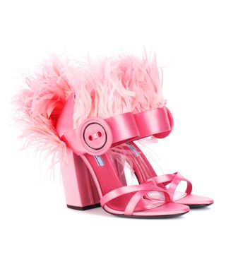 Prada + Feather-Trimmed Satin Sandals