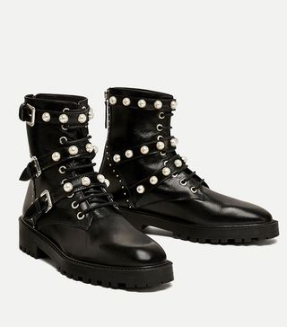 Zara + Leather Ankle Boots With Faux Pearls