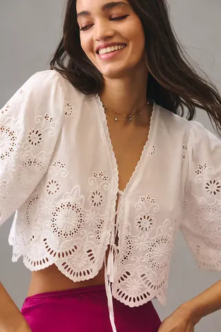 By Anthropologie + Cropped Eyelet Tie-Front Top