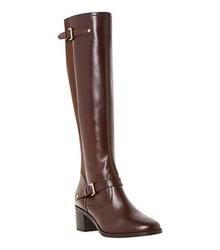 Dune + Vivvi Block Heeled Knee High Boots, Brown Leather