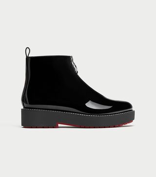 Zara + Flat Faux-Patent Ankle Boots With Tab