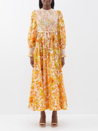 Zimmermann + Raie Floral-Print Smocked-Bodice Cotton Midi Dress