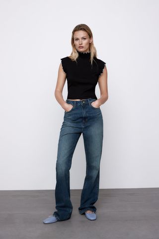 Zara + Ruffled Ribbed T-Shirt