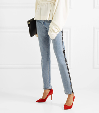 Solace London + Printed Grosgrain-Trimmed High-Rise Straight-Leg Jeans