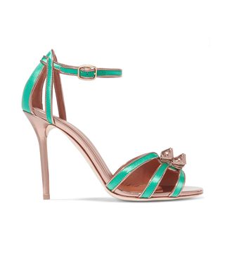 Malone Souliers + Eunice Metallic Leather-trimmed Satin Sandals