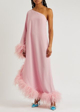 Taller Marmo + Ubud One-Shoulder Feather-Trimmed Maxi Dress