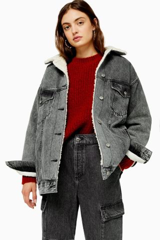 Topshop + Grey Acid Wash Borg Lined Super Oversized Denim Jacket