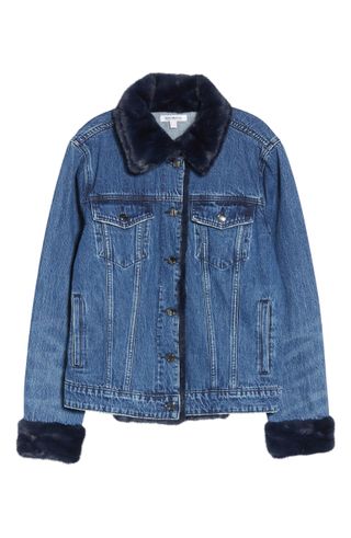 Good American + The Luxe Touch Faux Fur Trim Denim Jacket