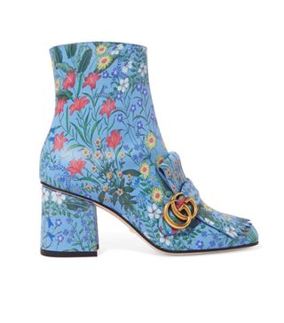 Gucci + Marmont Fringed Floral-Print Leather Ankle Boots