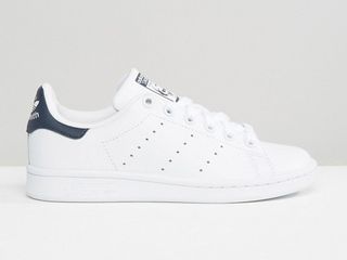 Adidas Originals + White and Navy Stan Smith Sneakers