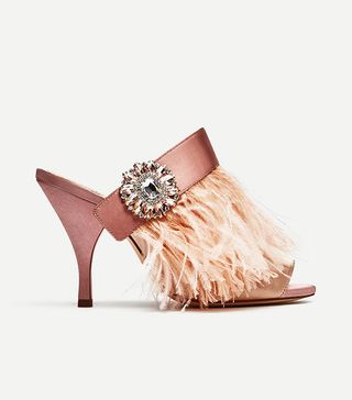 Zara + High Heel Mules With Feather and Brooch Detail