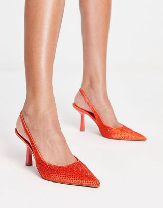 ASOS Design + Simba Embellished Slingback Stiletto Heeled Shoes in Orange