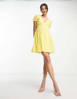 ASOS + Short Sleeve V-Neck Chiffon Mini Dress in Yellow