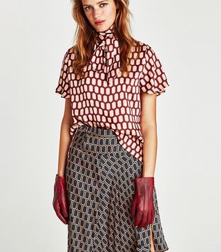 Zara + Printed High Collar Blouse
