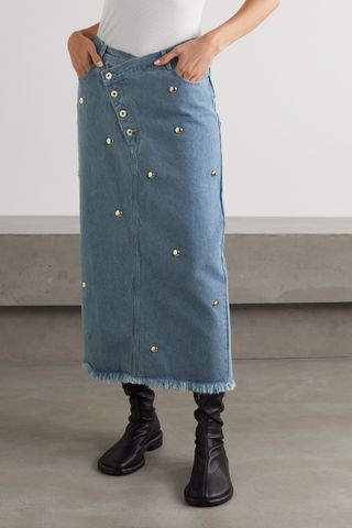 Marques'Almeida + Studded Frayed Denim Midi Skirt