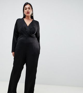 ASOS Curve + Satin Jumpsuit With Wrap and Pleat Detailing
