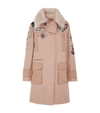 Valentino + Shearling-Trimmed Beaded Cotton-Twill Parka