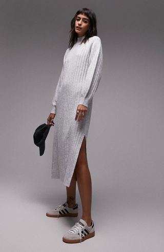 Topshop + Mock Neck Long Sleeve Wide Rib Midi Sweater Dress