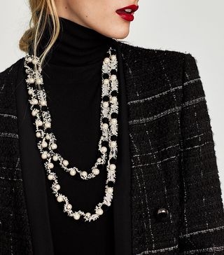 Zara + Tweed Necklace With Faux Pearls
