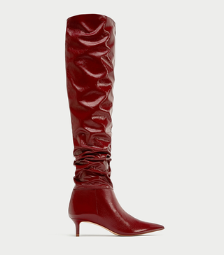 Zara + Gathered Leather Over-The-Knee High Heel Boots