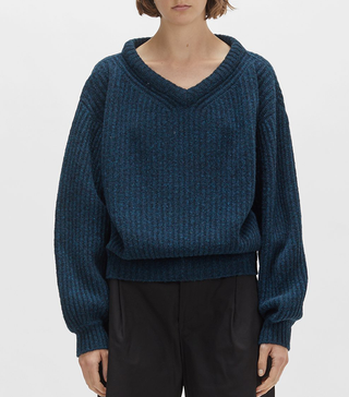 Lemaire + Shetland Large V-Neck Sweater in Petrol Blue