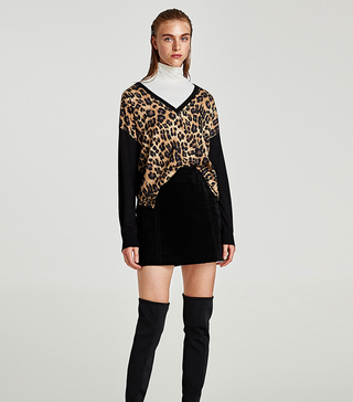 Zara + V-Neck Sweater With Contrasting Print
