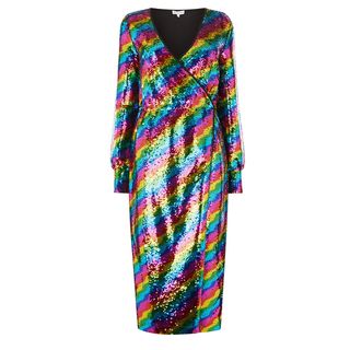 Warehouse + Rainbow Sequin Wrap Midi Dress
