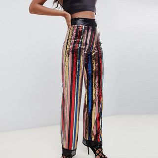 Starlet + Wide Leg Sequin Trouser in Rainbow Stripe