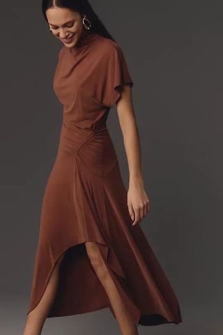 By Anthropologie + Short-Sleeve Mock-Neck Knit Ruched Midi Dress