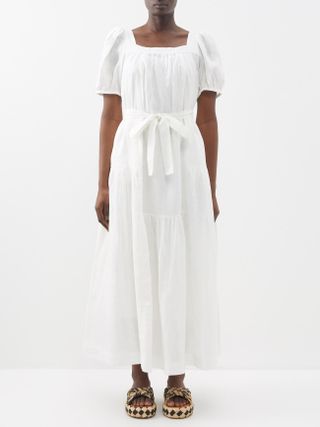 Saloni + Yashi Belted Gathered Linen Midi Dress