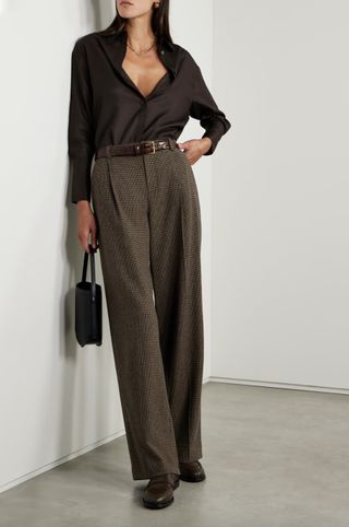 Vince + Houndstooth Pleated Woven Wide-Leg Pants