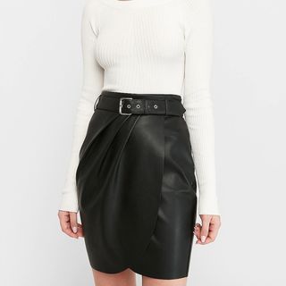 Express + High Waisted Vegan Leather Belted Wrap Mid-Thigh Skirt